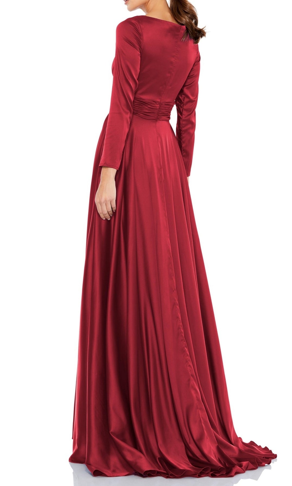 A woman stands with her back to the camera in a Mac Duggal 55245 Long Sleeve Long Formal Dress. The floor-length red satin gown embodies timeless elegance with its classic A-line silhouette against a white background.